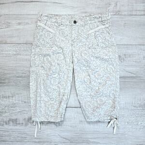 Prana Cream Tan Capri Pants Womens 8 Mid Rise Drawstring Hem Regular Fit Floral